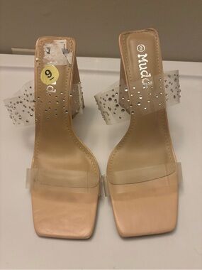 Mudd Nude Heeled Sandals with Clear Rhinestone Straps